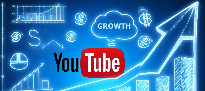 Blue graph going upwards with a Growth labeled cloud and the YouTube logo